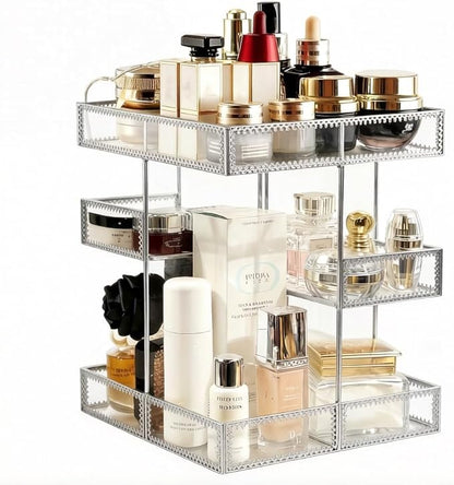 360 Degree Rotation Cosmetic Organizer -Premium Makeup Storage with Spin Base,Antique Countertop Cosmetic Storage,Large Capacity,Beauty Display for Countertop,Vanity or Bathroom (silver)