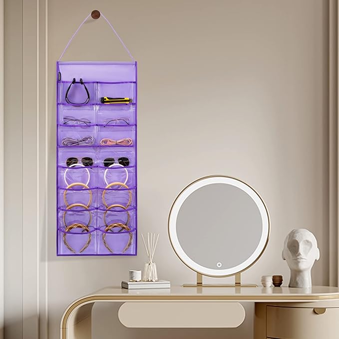 Wall Hanging Headband Organizer Ribbon Hair Hoops Storage Hairbands Hair Accessory Holder with Clear Pockets (PURPLE-16 POCKETS)