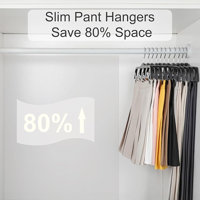 TOPIA HANGER Wooden Pants Hangers,Slim Natural Wood Skirt Hangers with Anti-Rust Hook and Adjustable Metal Clips, Perfect for Skirts,Pants,Slacks-10 Pack-CT17B
