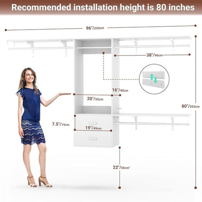 96 Hanging Closet System with 2 Wooden Drawers, 75"–87" Height Adjustable Closet Organizer System with Tower, 4-8FT Custom Closet Shelving System, Wall-Mounted Walk-In Closets Wardrobe, White
