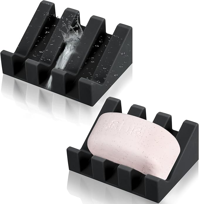 Cunhill 2 Pieces Silicone Soap Dish Self Draining Soap Dish Shower Waterfall Bar Soap Holder Tray with Drain Soap Saver for Kitchen Bathroom Accessories (Black)