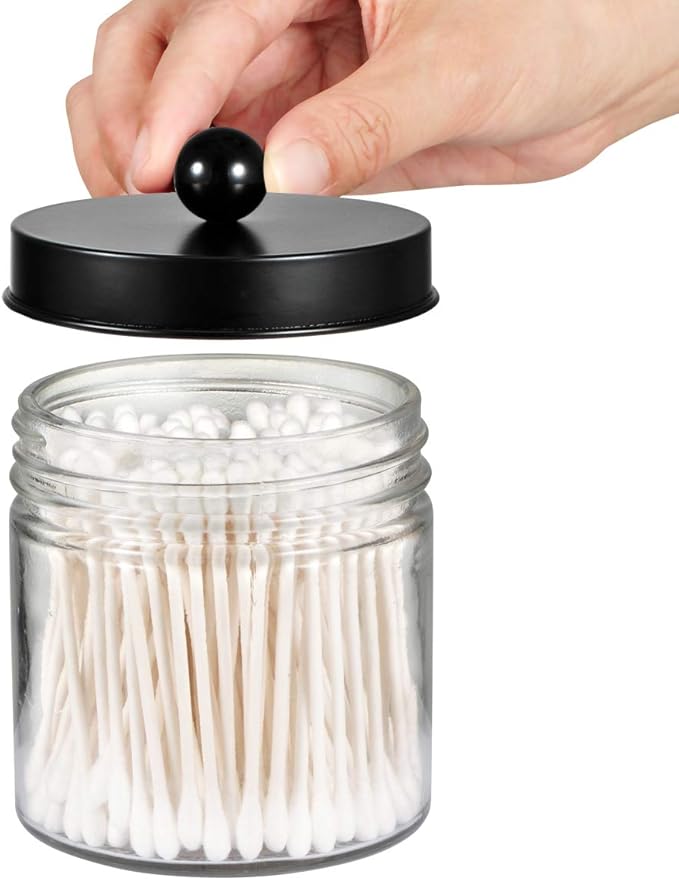 SheeChung Bathroom Organizers and Storage - 2Pack Qtip Holders Bathroom Canister Apothecary Jars for Cotton Swabs, Rounds, Balls, Qtips,Makeup Sponges, Flossers,Bath Salts - Black