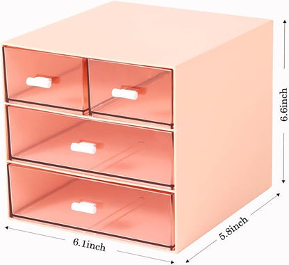 MILULUGO Makeup Organizer with 4 Drawers, Desk Organizer, Cosmetics Storage Box for nail polish, Lipstick, Brushes, Jewelry, Skincare, Bathroom Organization Boxes - Pink