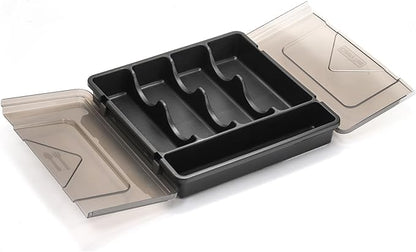 Dicunoy Silverware Organizer with Lid, Covered Utensil Drawer Organizer Tray for Kitchen, 5 Compartments Plastic Black Cutlery Flatware Storage Box for Spoons Forks Knives, Office, RV, Countertop