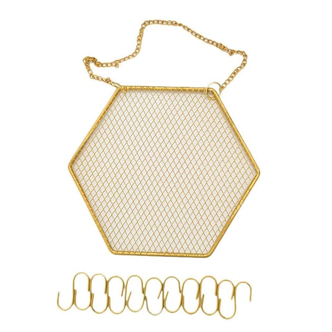 1PC Hexagon Metal Grid Display Rack Wall Mounted Storage Holder Organizer Earrings Necklaces Bracelets Jewelry Display Rack with Hanging Hook for Store, Showcase, Trade Show and Home Use, Gold