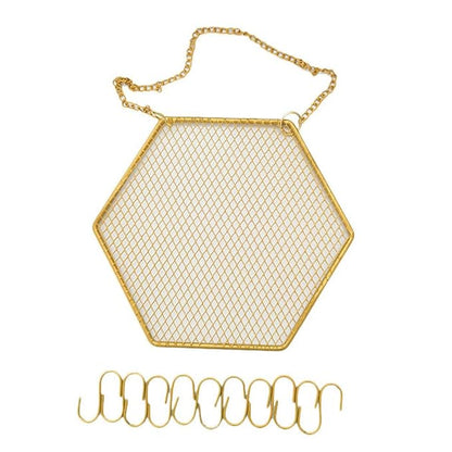 1PC Hexagon Metal Grid Display Rack Wall Mounted Storage Holder Organizer Earrings Necklaces Bracelets Jewelry Display Rack with Hanging Hook for Store, Showcase, Trade Show and Home Use, Gold