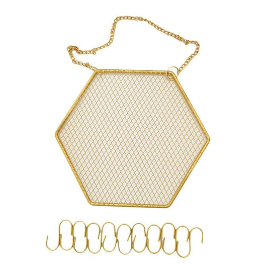 1PC Hexagon Metal Grid Display Rack Wall Mounted Storage Holder Organizer Earrings Necklaces Bracelets Jewelry Display Rack with Hanging Hook for Store, Showcase, Trade Show and Home Use, Gold