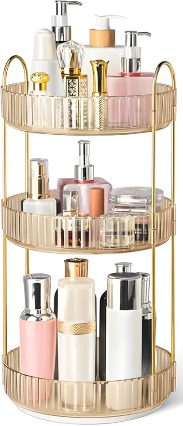 360° Rotating Makeup Organizer for Vanity, 3 Tier Perfume Organizers Skincare Organizers and Storage for Bathroom Countertop, Spinning Cosmetic Organizer for Bedroom Dresser Counter (Gold)