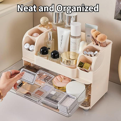 Extra Large Makeup Organizer with 2 Wide Drawers Divided Top Compartment, Spacious Cosmetic Display Case, 4 Colors Skincare Storage box for Vanity and Countertop (Green)