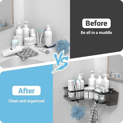 AKTECKE Corner Shower Caddy, 2 Pack Adhesive Shower Corner Organizer Shelves, No Drilling Stainless Steel Shower Storage Rack with Hooks&Toothpaste Holder for Bathroom Kitchen （for 90° Corners Only）