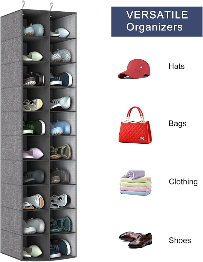 Libeder Hanging Shoe Organizer for Closet, Hanging Closet Organizers 20 Section Shoe Shelves, Space Saving Shoe Holder & Storage, Grey, 12''W×12''Dx 50''H