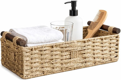 Woven Bathroom Basket with Wood Handles — Toilet Paper Storage Organizer, Back of Toilet Basket, Natural Wicker Basket for Tank Top, Countertop or Shelf