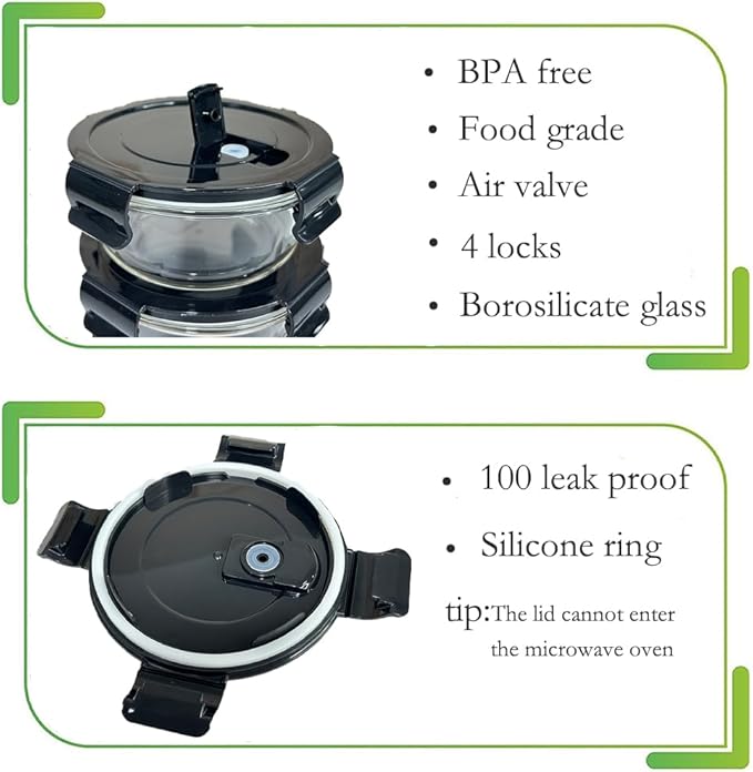 12Oz Round Glass Food Containers With Lids, Small Round Glass Meal Prep Containers,1.5 Cup Clear Food Storage Containers With Lids BPA-Free, Microwave, Dishwasher, Freezer Safe（Black