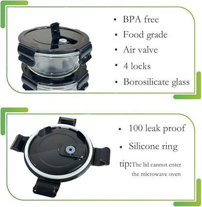 12Oz Round Glass Food Containers With Lids, Small Round Glass Meal Prep Containers,1.5 Cup Clear Food Storage Containers With Lids BPA-Free, Microwave, Dishwasher, Freezer Safe（Black