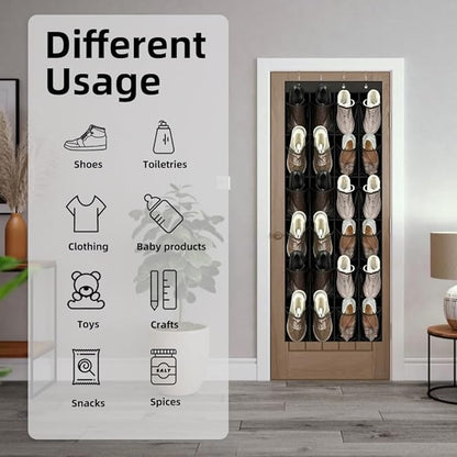 Over the Door Shoe Organizer with 28 Breathable Mesh Pockets - Hangs on Closets for Shoes, Accessories,Back to School Organizer for Dorm Room College Classroom Storage (Black)