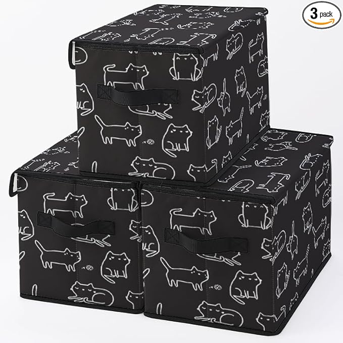 Stackable Clothes Storage Bins with Lids,Closet Organizers Fabric Cat Printing Box for Home and Office,Blanket Clothes Organizers,Under Bed Storage Containers 3 Pack.