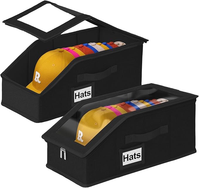 Dofilachy 2-PCS Large Capacity, Stackable Hat Storage For Baseball Caps– Holds up to 28 Caps, Dust-Proof Storage Box with a Fully Transparent Lid – Ideal for Closet & Wardrobe, Black