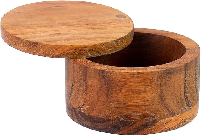 Kaizen Casa Acacia Wood Salt or Spice Box with Swivel Cover perfect for keeping table salt, gourmet salts, herbs or favorite seasonings, close at hand on your countertop.