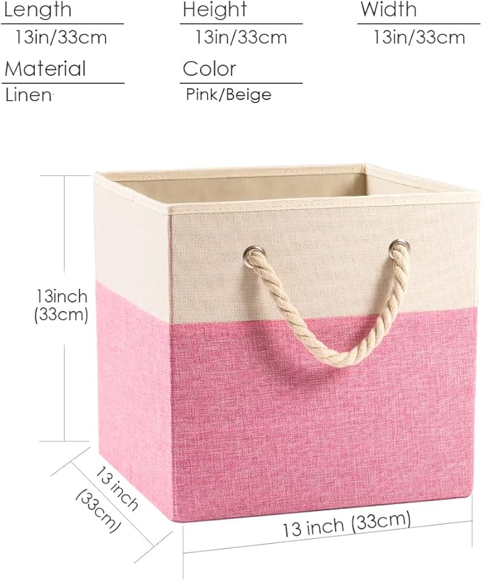 PRANDOM Large Foldable Cube Storage Bins 13x13 inch [4-Pack] Fabric Linen Storage Baskets Cubes Drawer with Cotton Handles Organizer for Shelves Nursery Closet Bedroom Pink