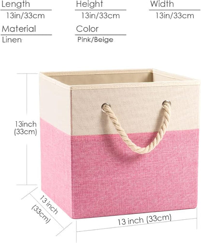 PRANDOM Large Foldable Cube Storage Bins 13x13 inch [2-Pack] Fabric Linen Storage Baskets Cubes Drawer with Cotton Handles Organizer for Shelves Nursery Closet Bedroom Pink