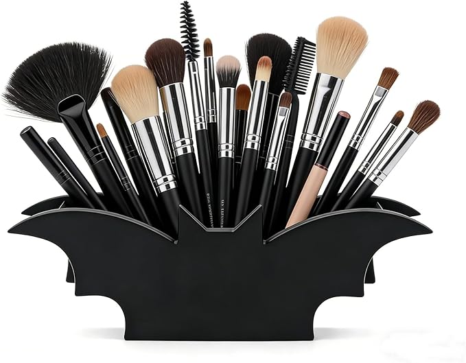 Gothic Makeup Brush Organizer - Wooden Bat Pen Holder Cosmetic Display Case for Vanity Desk Gothic Decor for Bathroom Bedroom Living Room Decoration Unique Gift