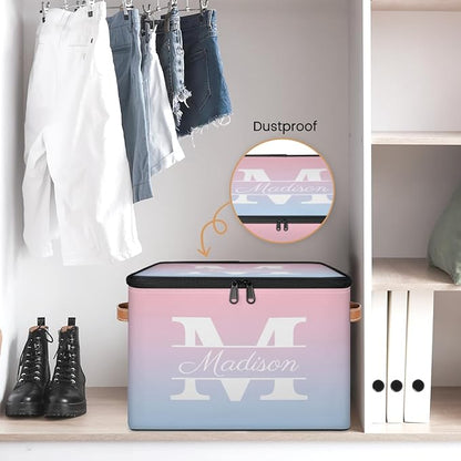 Custom Storage Bins with Initial Name, Personalized Storage Basket Boxes with Lid, Foldable Shelf Basket, Blue Pink Gradient