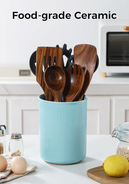 LoeJan Utensil Holder, Extra Large Utensil Crock, Stable Ceramic Utensil Organizer, Cooking Tool Organizer Set for Kitchen Counter Farmhouse Décor, Turquoise