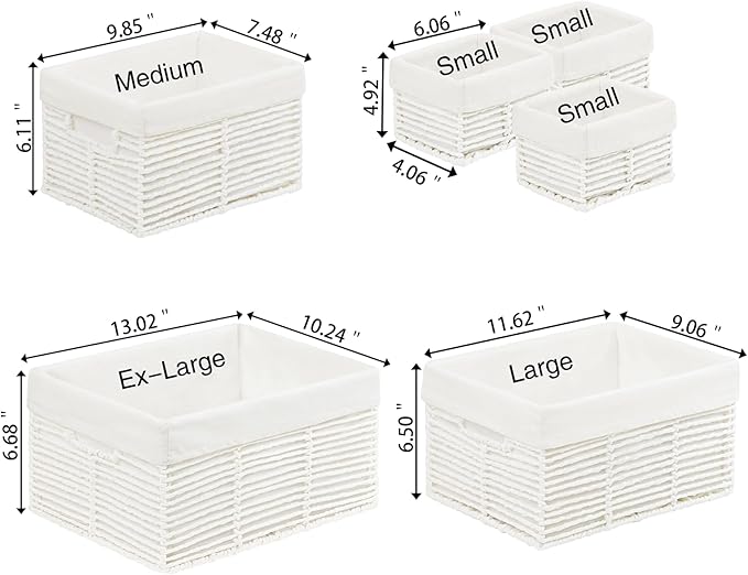 Vagusicc Wicker Storage Basket, 6 Pack Baskets for Organizing, Wicker Baskets with Handle, Rectangular Wicke Basket for Storage Shelves, Cube Storage Bins for Closet/Clothes/Dresser, White