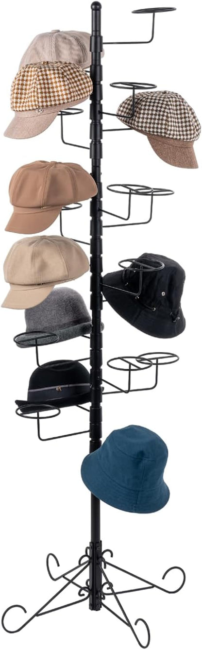 MyGift 5.5 Foot Modern Freestanding Black Metal Hat Organizer Rack, 360 Degree Rotating Wig or Cowboy Hat Display Stand with 20 Circular Hooks