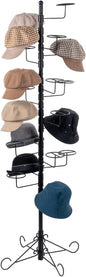 MyGift 5.5 Foot Modern Freestanding Black Metal Hat Organizer Rack, 360 Degree Rotating Wig or Cowboy Hat Display Stand with 20 Circular Hooks