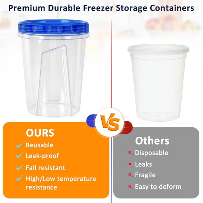10 Pack 34oz Reusable Freezer Food Storage Containers with Twist Top Lids, Airtight Plastic Meal Prep Food Containers for Leftover Lunch Fruit Salad Oats, Clear Large Soup Container Microwave Safe