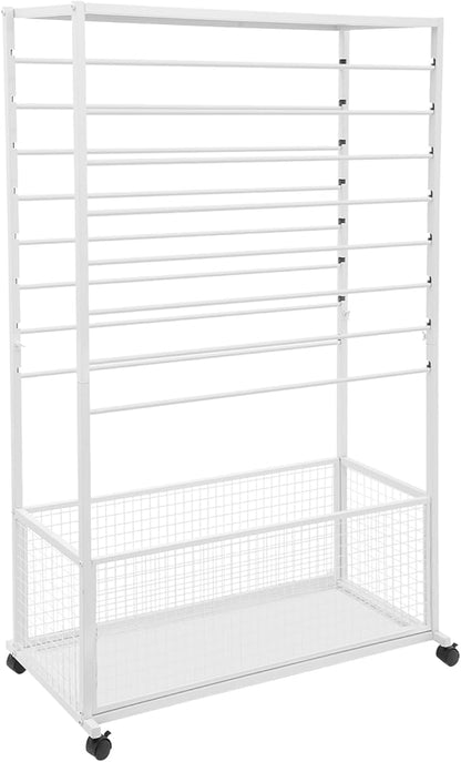 16-Tier Double-Sided Ribbon Holder Organizer Rack with Storage Basket & Wheels, Multifunctional Flower Wrapping Paper Display Stand for Craft Rooms, Flower Shops (White, 39.37''W x 12.6''D x 59.06''H)