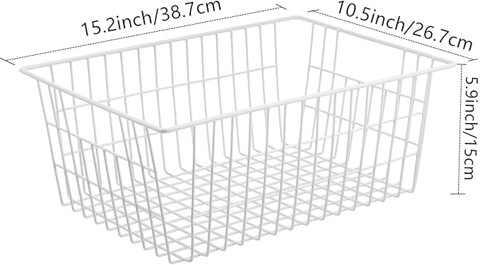 Redrubbit Wire Storage Baskets, Large Farmhouse Metal Freezer Basket Storage Organizer Bins with Handles for Kitchen Cabinets, Pantry, Closets, Bedrooms, Bathrooms, Set of 2, White
