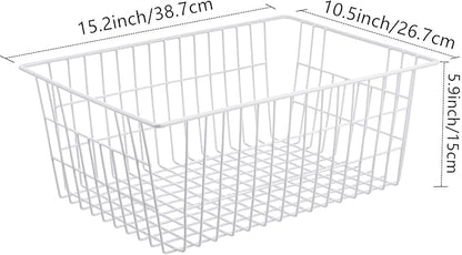 Redrubbit Wire Storage Baskets, Large Farmhouse Metal Freezer Basket Storage Organizer Bins with Handles for Kitchen Cabinets, Pantry, Closets, Bedrooms, Bathrooms, Set of 2, White