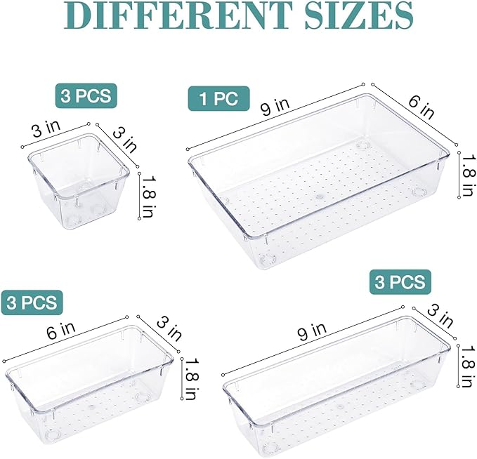 StorMiracle 10 PCS Drawer Organizer Set,4 Varied Size Bathroom and kitchen Drawer cabinet organizer Trays, Clear Storage Bins for Makeup, Jewelry, Utensils and Gadgets