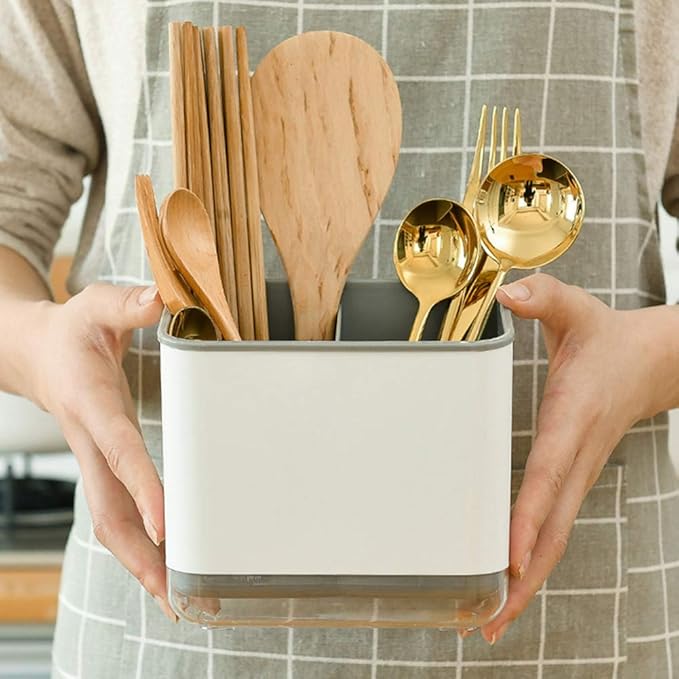 AKOAK 1 Pack Chopstick Holder - Cutlery Storage Box, Sink Cutlery/Spoon/Knife/Fork 3 Compartment with Drain Pipe Ideal Kitchen Organizer