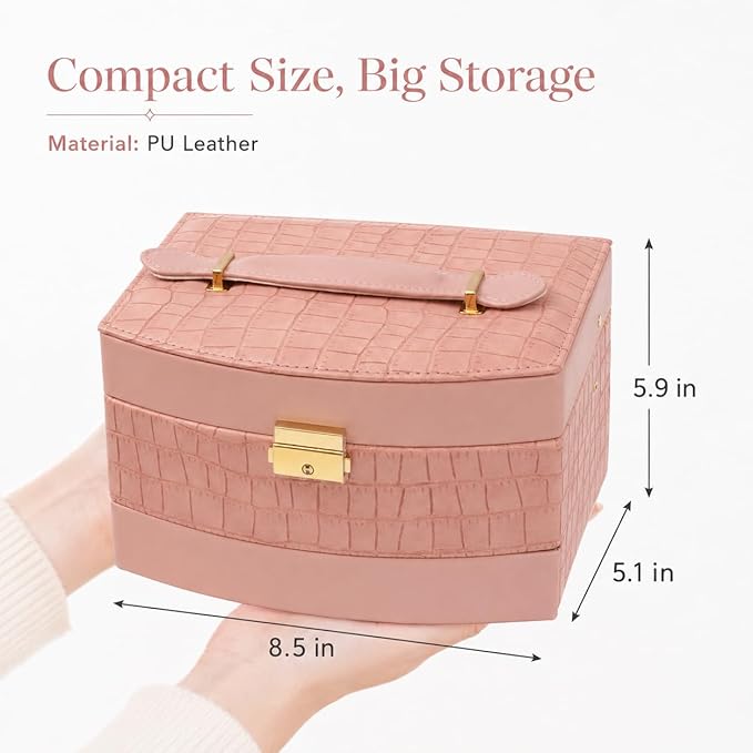 Elegant 3 Layer Lockable Jewelry Box for Women – Mirrored Jewelry Organizer with Key & Drawer, Travel Friendly PU Leather Storage Case,Gift for Wife, Mom, Daughter (Pink)