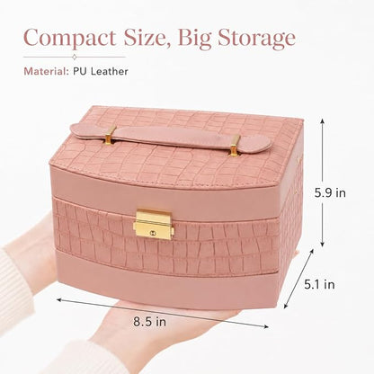 Elegant 3 Layer Lockable Jewelry Box for Women – Mirrored Jewelry Organizer with Key & Drawer, Travel Friendly PU Leather Storage Case,Gift for Wife, Mom, Daughter (Pink)