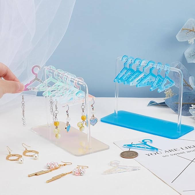 PH PandaHall 32 Holes Earring Hanger Stands Acrylic Earring Holder Rack with Mini Hangers Earring Display Earring Closet Ear Stud Organizer for Retail Personal Exhibition, Iridescent Clear Blue Mixed