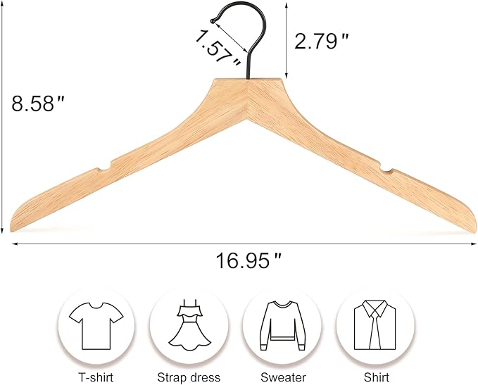 TOPIA HANGER Wooden Hangers 20 Pack, Rubber Wood Clothes Hangers with Rotatable Black Hook and Smooth Cut Nothces, Space Saving Hangers for Coats, Suits, Jackets, Sweaters, Dresses - CTS07N