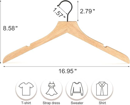 TOPIA HANGER Wooden Hangers 20 Pack, Rubber Wood Clothes Hangers with Rotatable Black Hook and Smooth Cut Nothces, Space Saving Hangers for Coats, Suits, Jackets, Sweaters, Dresses - CTS07N