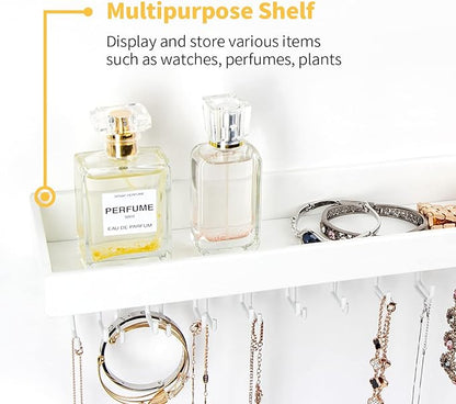 Jewelry Organizer Necklace Holder with 23 Hooks, Wall Mounted Necklaces Bracelet Earrings Ring Holder Hanger with Shelf for Perfume Aesthetic Room Decor (White, 14.37 x 2.95 x 3.86 inches) - MK208C
