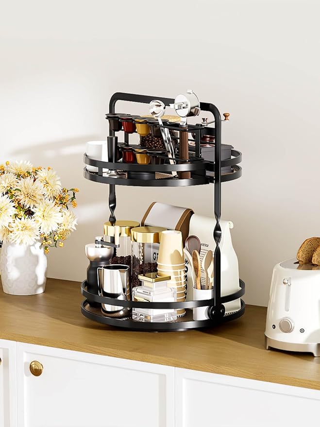 Rotating Makeup Vanity Organizer, 360 Spinning Perfume Organizer for Dresser, 2 Tier Bathroom Countertop Organizer, Black Lazy Susan Skincare Storage, Cosmetic Display Case with Brush Holder