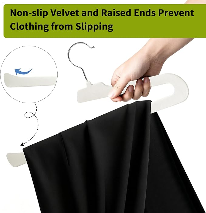 ManGotree Non Slip Velvet Pants Hangers, Open Ended Felt Jean Hangers for Closet Organizer, Heavy Duty Space Saving for Trousers, Slacks, Shorts, Dress, Scarf (10 Pack, Ivory)