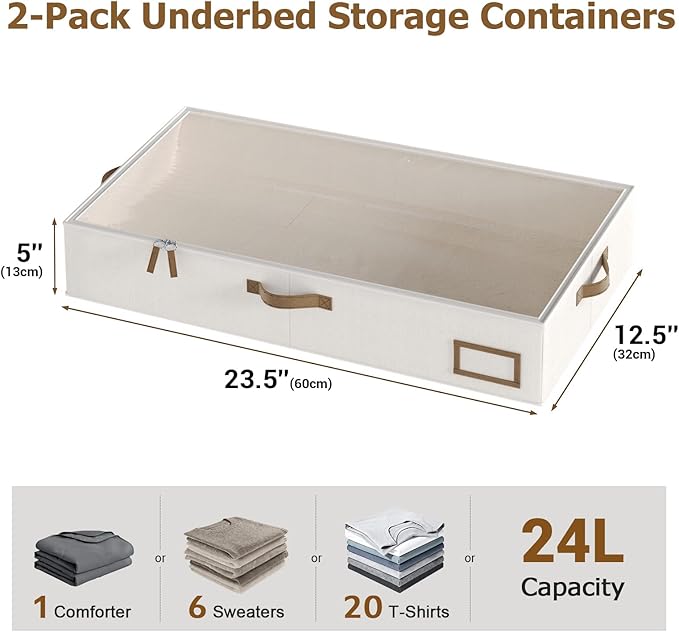 Under Bed Storage, Under Bed Storage Containers Bins for Clothes, Large Linen Underbed Closet Organization Bins, 2 Pack Collapsible Underbed Bin Dorm for Clothes, Sweater, Beige