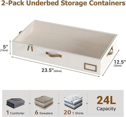 Under Bed Storage, Under Bed Storage Containers Bins for Clothes, Large Linen Underbed Closet Organization Bins, 2 Pack Collapsible Underbed Bin Dorm for Clothes, Sweater, Beige