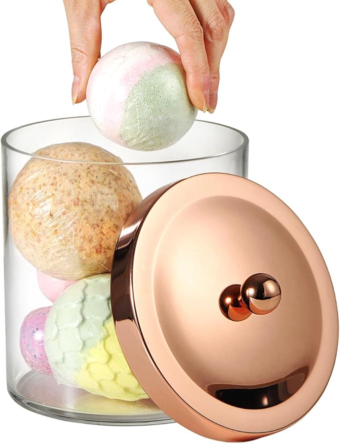 SheeChung 4 Pack 50 Oz Large Apothecary Jar with Rose Gold Rust-Proof Lid - Shatterproof Plastic Laundry Pods Container - Chic Rose Gold Bathroom & Vanity Storage Organizer for Scent Beads, Salts