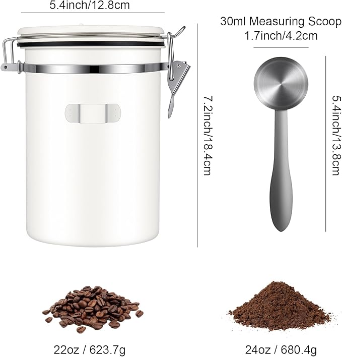 Kirecoo Stainless Steel Coffee Canister - 22OZ Airtight Coffee Bean Storage Grounds Container Holder with Date Tracker & Measuring Scoop, Kitchen Food Canister Jar for Cereal, Sugar, Tea, Flour, Gifts