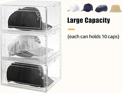 Hat Organizer Box,Stackable Baseball Caps Holder Box Containers with Magnetic Door for Hats Snapback Cap Storag,Clear Hat Storage with Magnetic Door, Holds 8 Hats Each (clear, 1 pack)