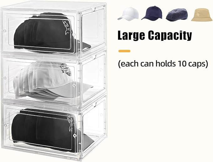 Hat Organizer Box,Stackable Baseball Caps Holder Box Containers with Magnetic Door for Hats Snapback Cap Storag,Clear Hat Storage with Magnetic Door, Holds 8 Hats Each (clear, 5 pack)